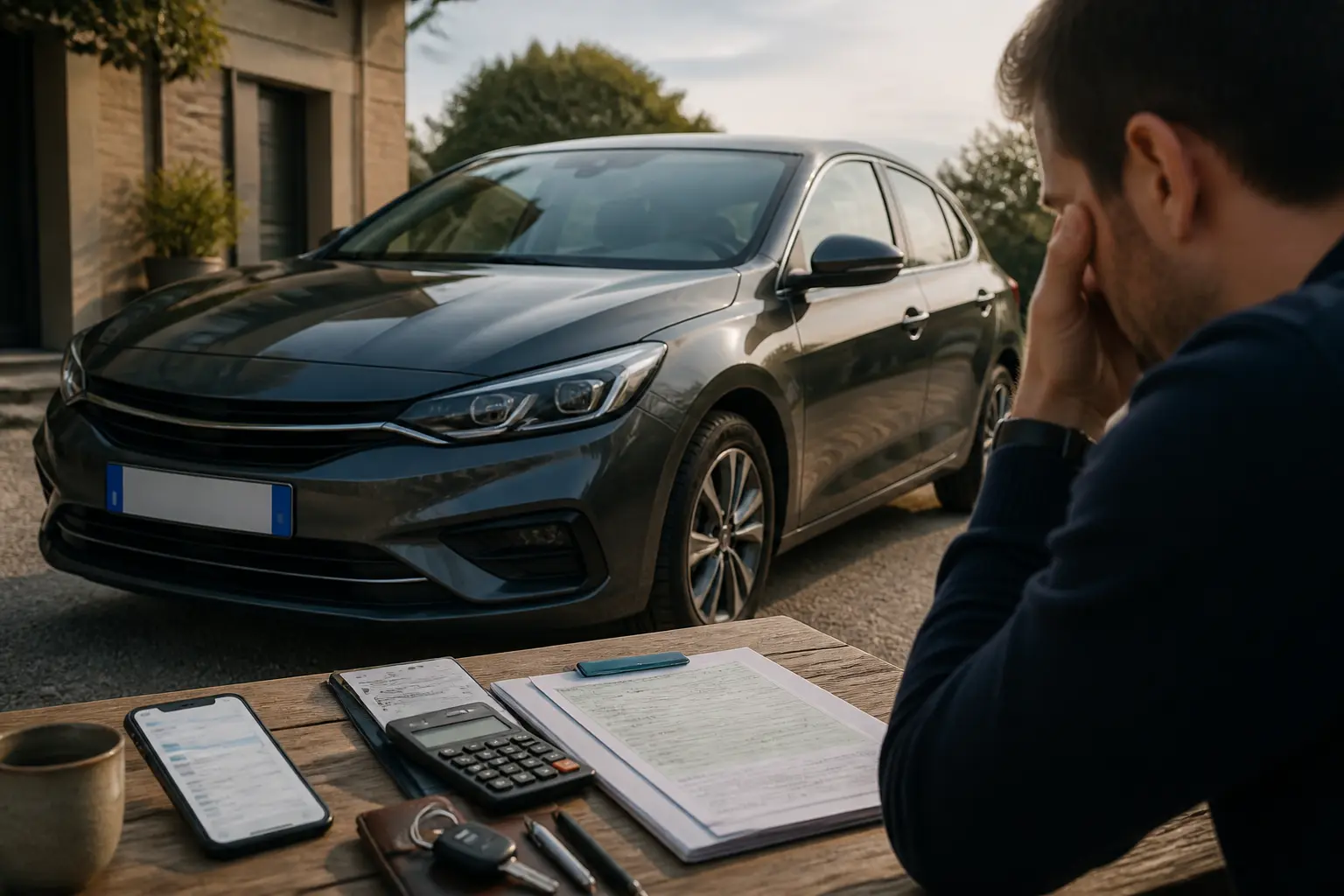 Voiture moderne, carte grise, calculatrice et smartphone pour estimer le prix carte grise 2026 en France