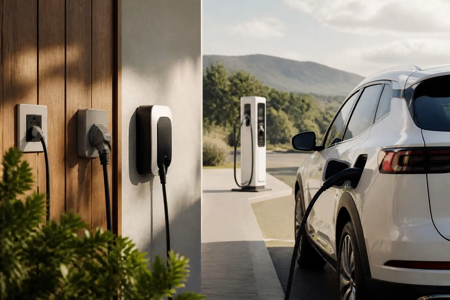 Tableau temps de recharge voiture électrique : voiture branchée à domicile, avec prise, wallbox et borne rapide en arrière-plan.