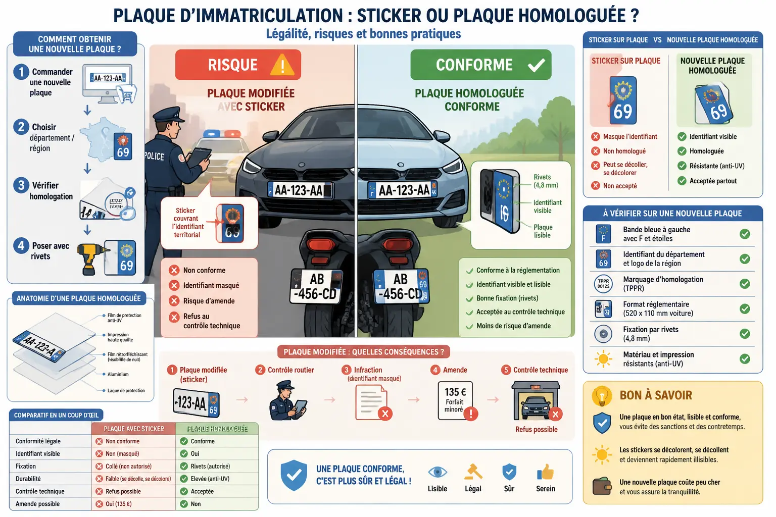 Infographie sur l’autocollant plaque immatriculation : risques, conformité, rivets, homologation et amende.