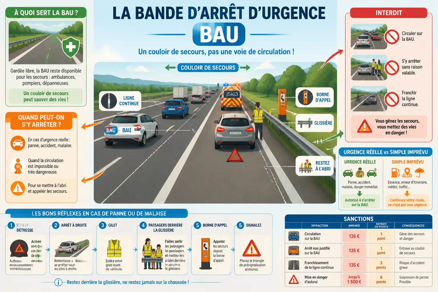 Infographie sur la bande d'arrêt d'urgence : usage, interdits, secours, panne et sanctions illustrés.