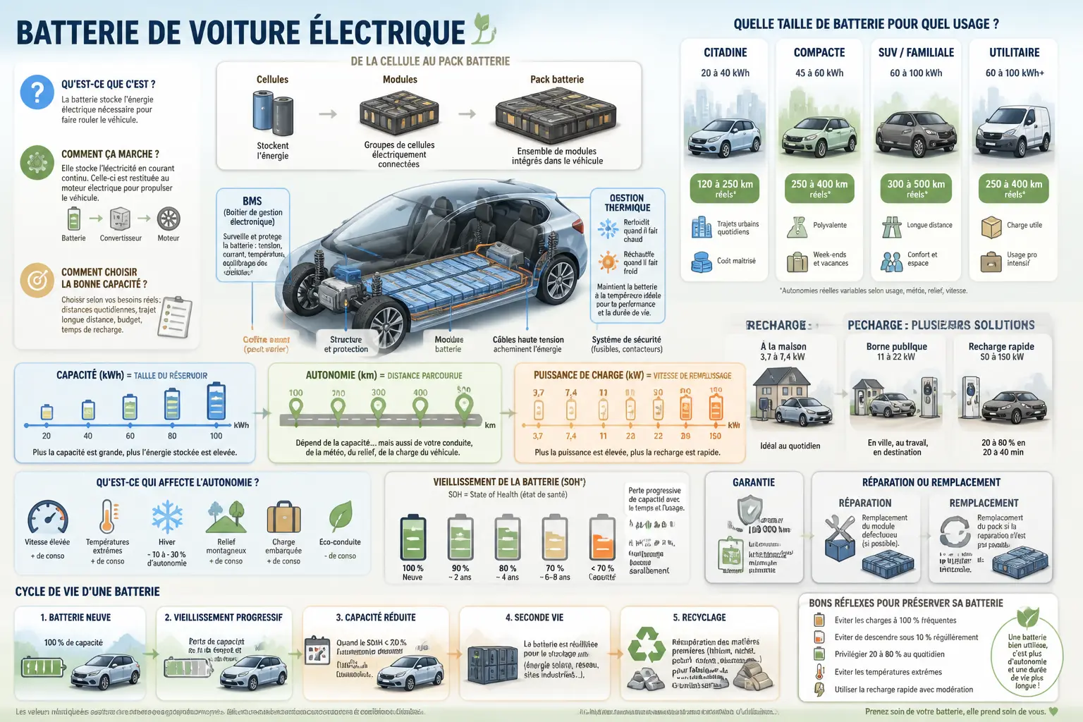 Infographie sur la batterie voiture electrique : cellules, modules, pack, autonomie, recharge, garantie, recyclage.