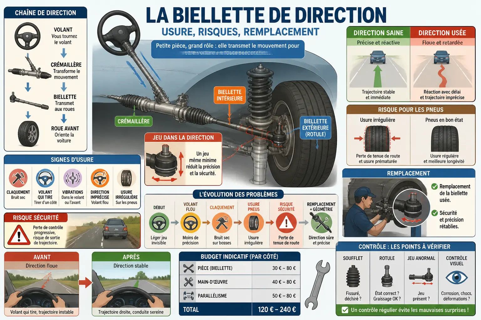 Infographie sur la biellette de direction : usure, risques, symptômes, remplacement et géométrie du train avant.