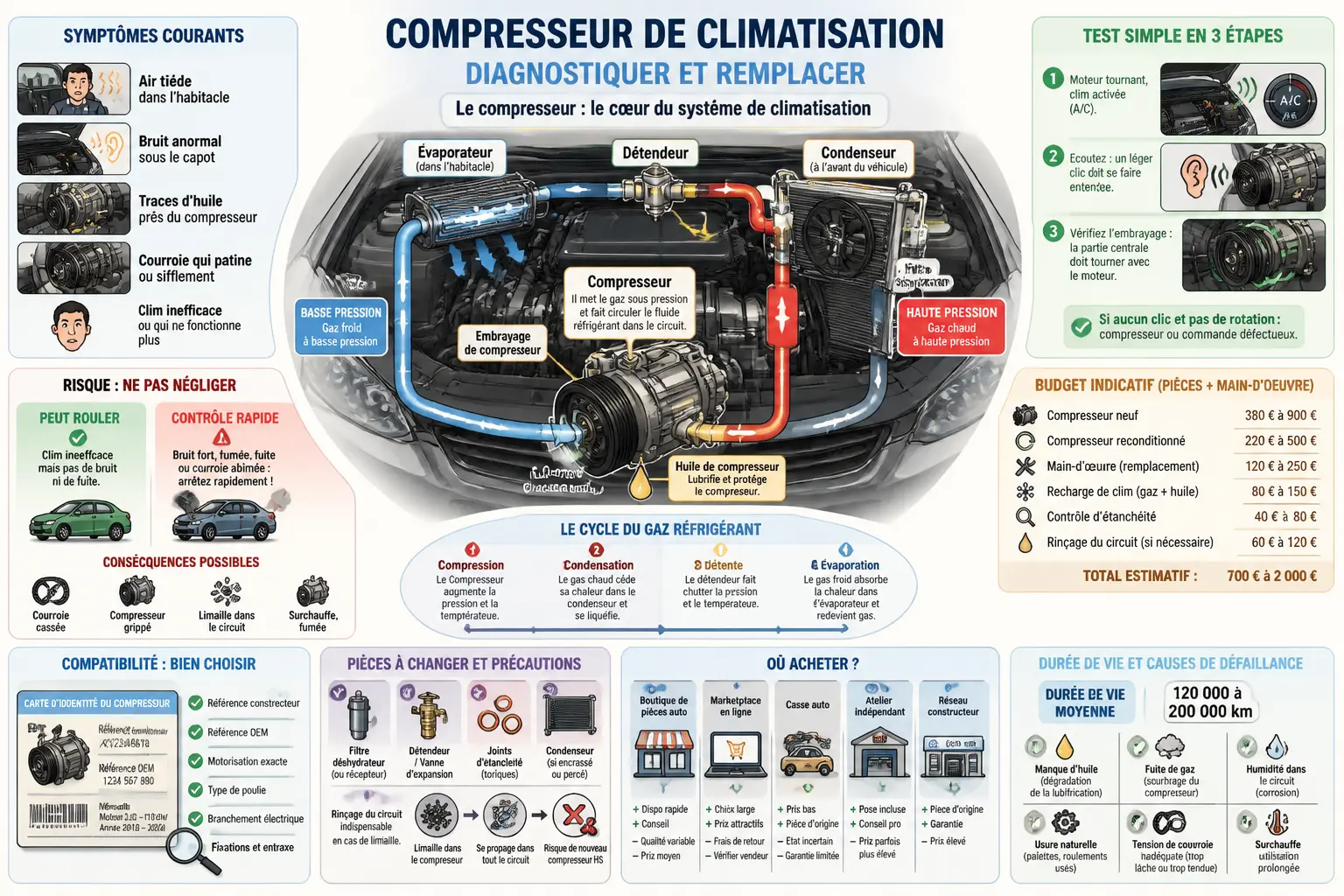 Infographie française sur le compresseur de clim : diagnostic, symptômes, tests, budget, compatibilité et remplacement.
