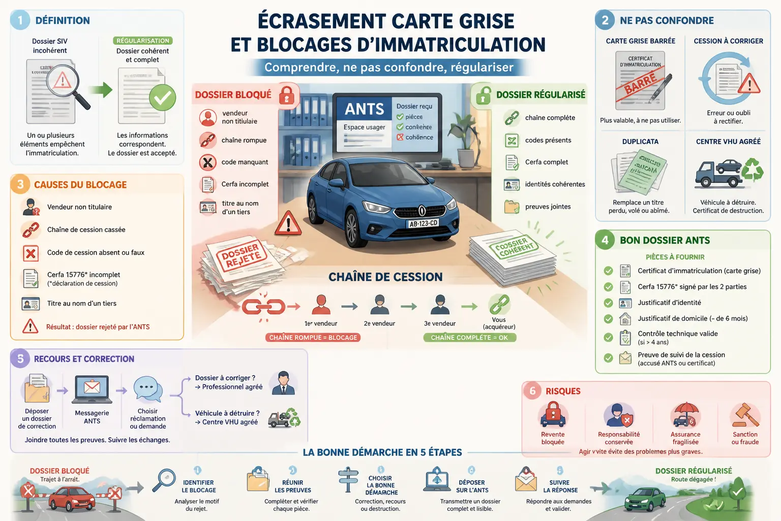 Infographie sur l’ecrasement carte grise : dossier bloqué, cession, duplicata, ANTS, VHU et régularisation.