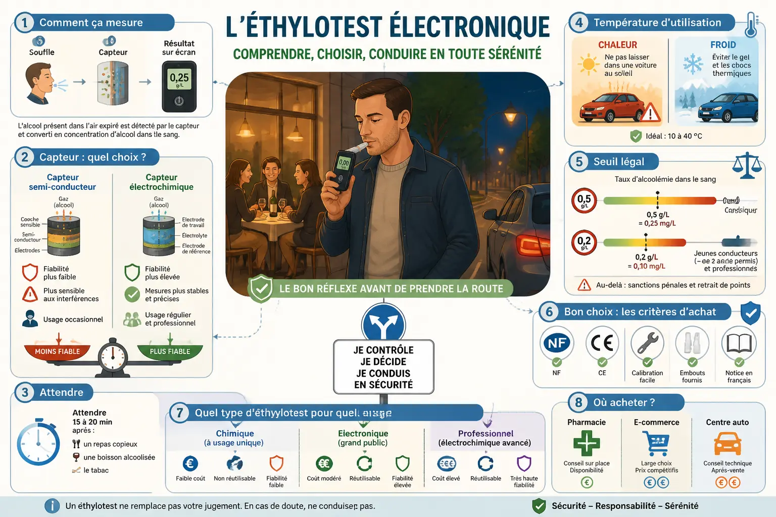 Infographie sur l'ethylotest electronique : capteurs, fiabilité, seuils légaux et choix du modèle