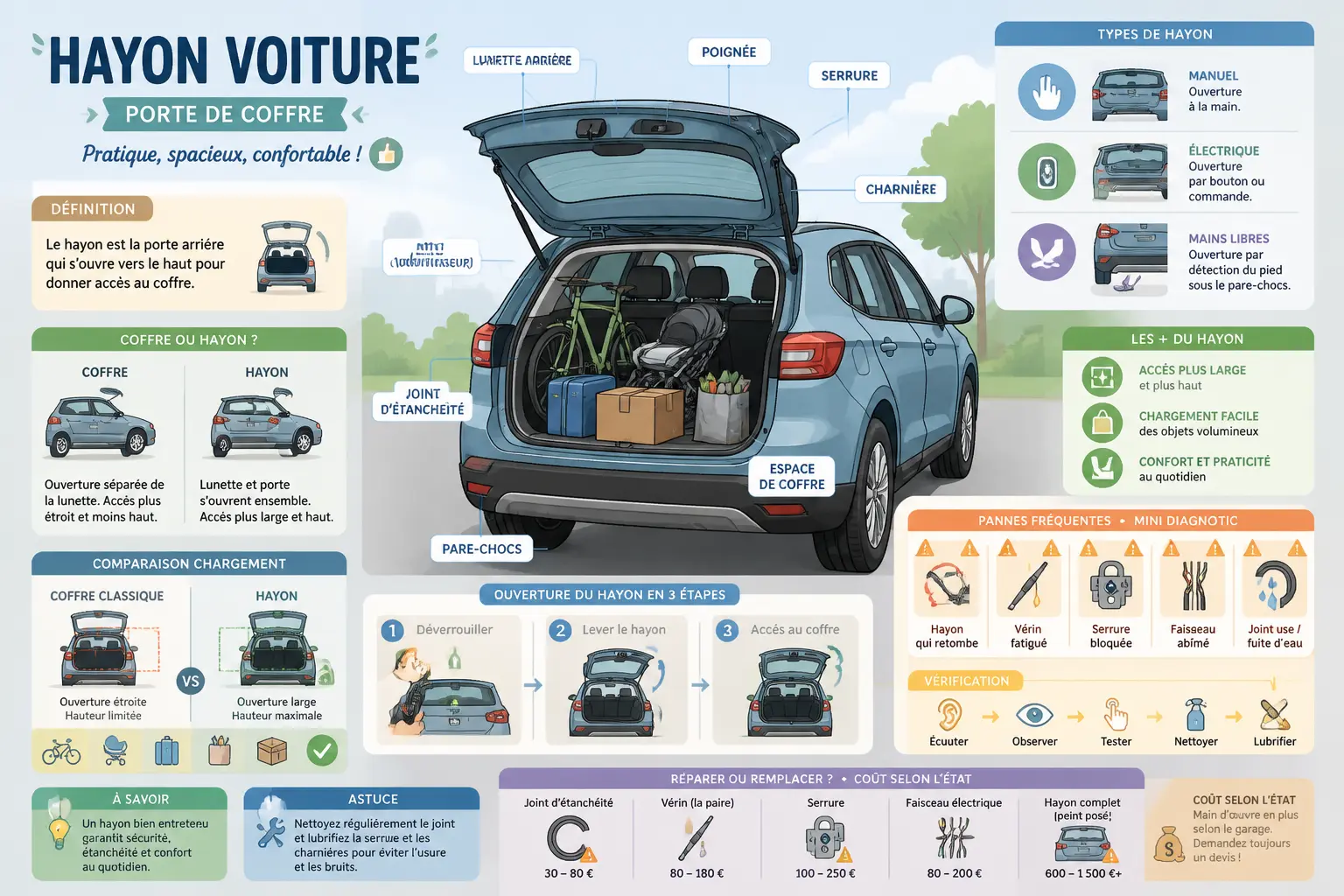Infographie sur le hayon voiture : définition, types, pannes, réparation et chargement facile.