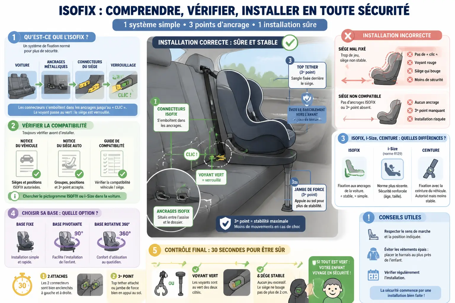 Infographie ISOFIX en français : ancrages, compatibilité, top tether, jambe de force et contrôle 30 s