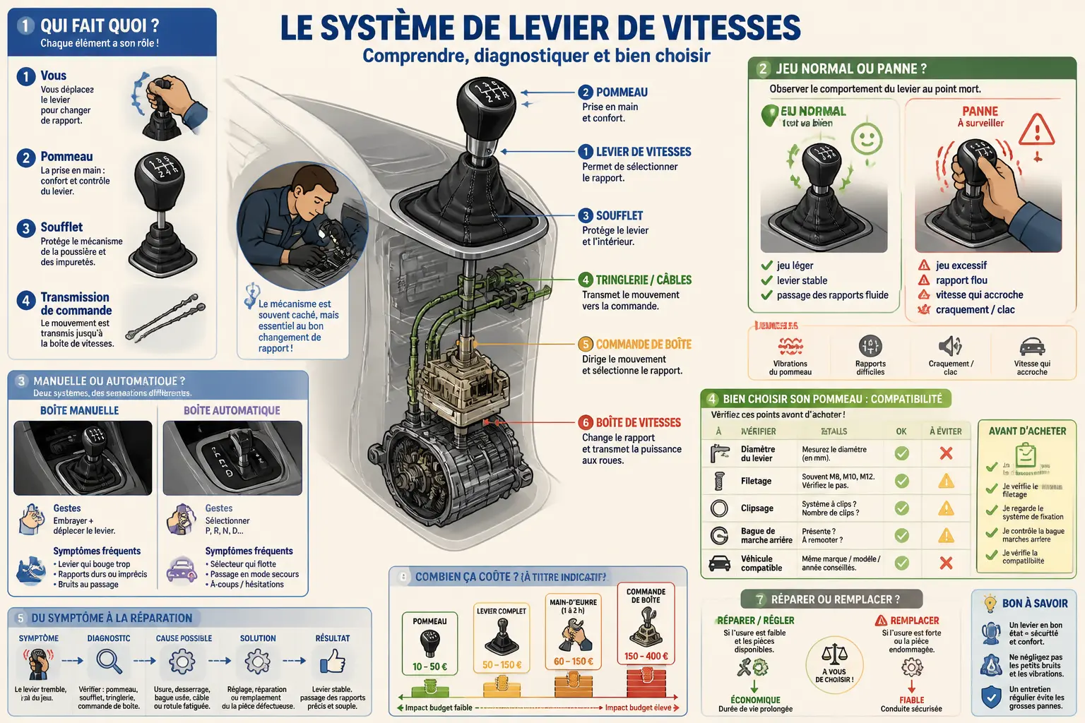 Infographie éducative sur le levier de vitesse : pièces, pannes, compatibilité et coûts en français.