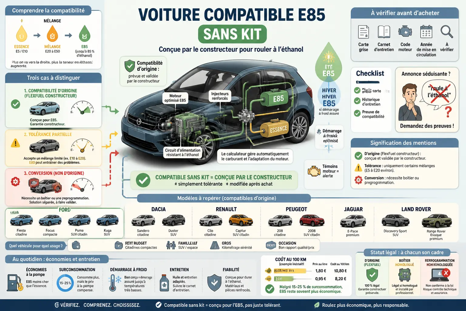 Infographie sur la liste voiture compatible e85 sans kit, avec comparatif FlexFuel, tolérance, conversion et modèles à repérer.