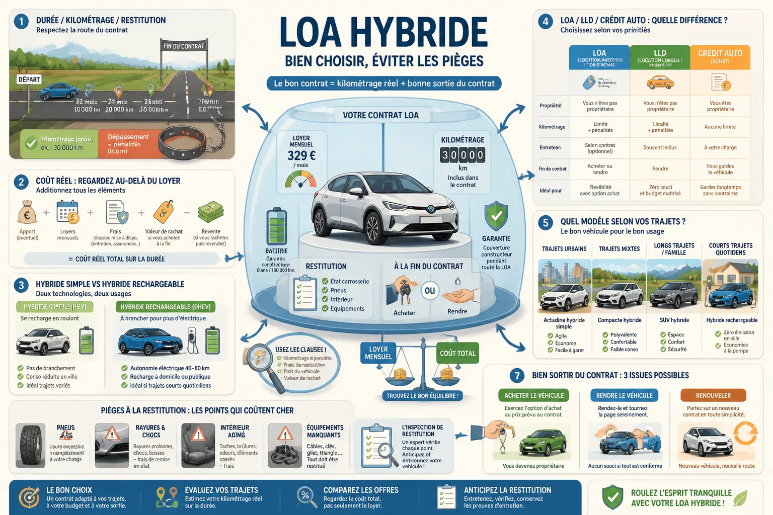 Infographie sur la loa hybride : coûts, kilométrage, restitution, batterie et comparaison des contrats.
