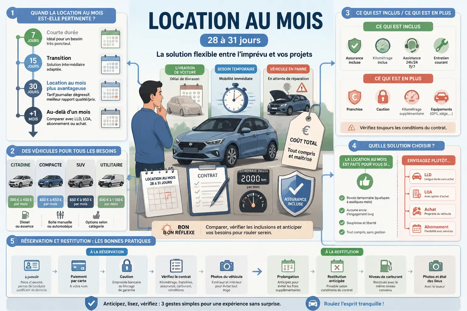 Infographie sur la location de voiture au mois avec comparaisons, coûts, inclusions et conseils pratiques.
