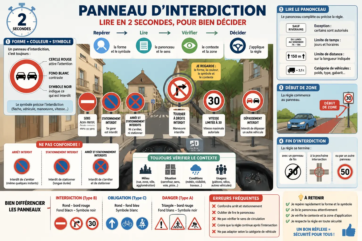 Infographie sur le panneau interdiction : reconnaître forme, symbole, panonceau et fin de restriction.