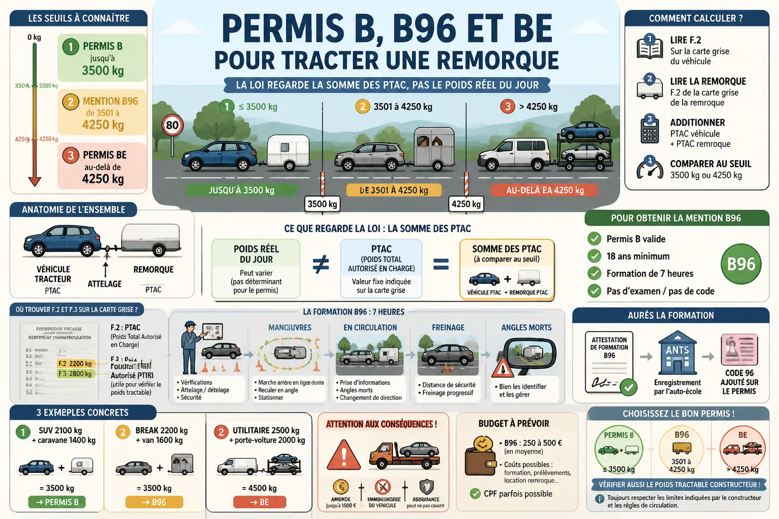 Infographie sur le permis B96, B et BE : remorque, seuils de PTAC, exemples, formation et sanctions.