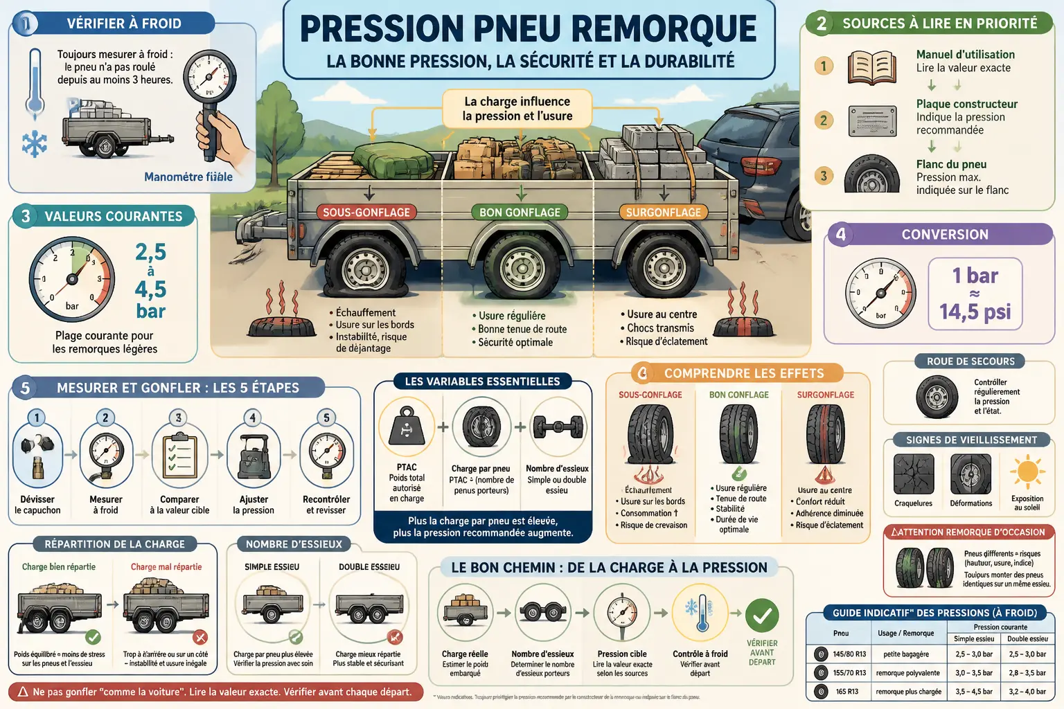 Infographie sur la pression pneu remorque : contrôle à froid, valeurs, essieu, charge et gonflage