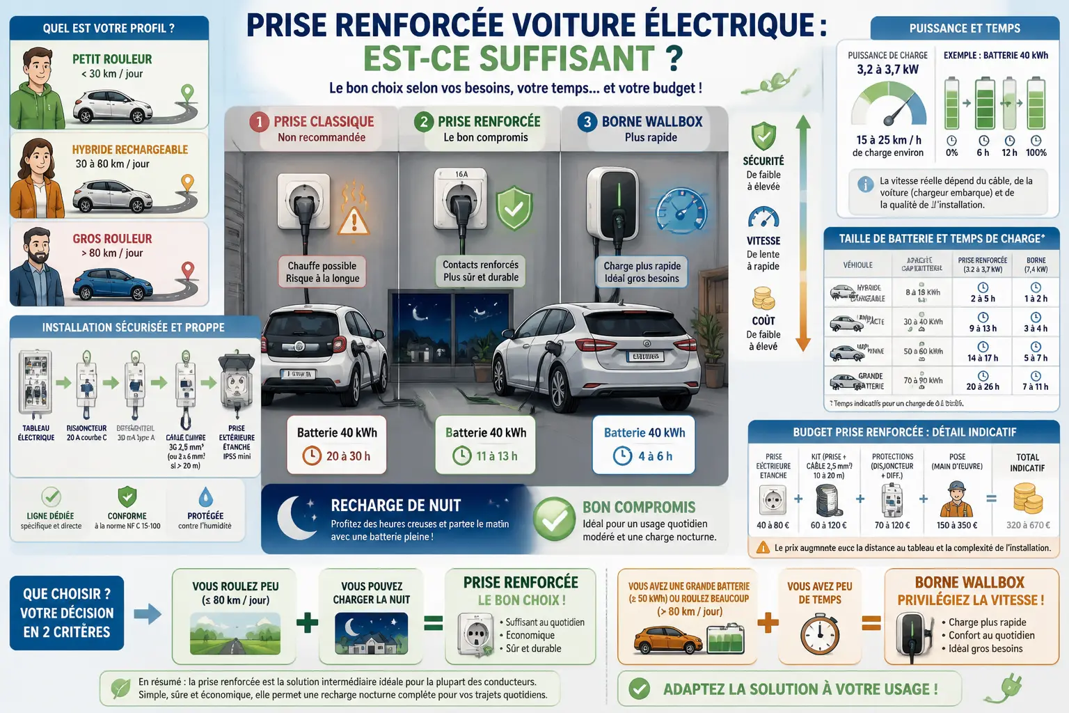 Infographie sur la prise renforcée voiture électrique, comparée à une prise classique et une borne Wallbox