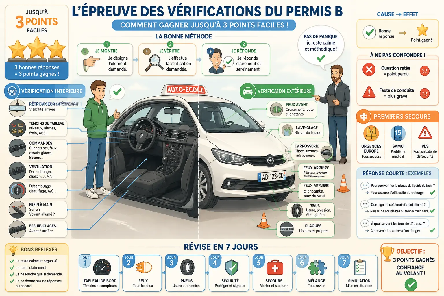 Infographie sur la question verification permis B : voiture en coupe, points, sécurité et réponses courtes.
