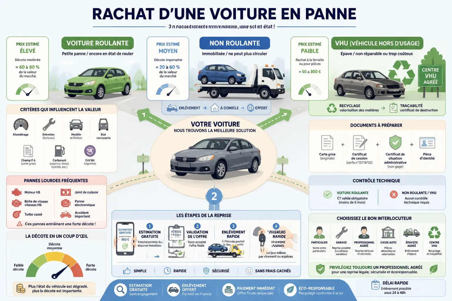 Infographie sur le rachat voiture en panne : roulante, non roulante et VHU, avec estimation, enlèvement et documents.