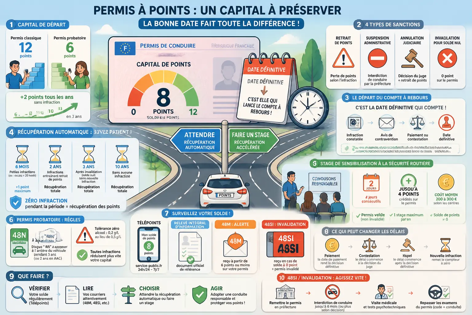 Infographie sur la recuperation des points sur permis en France : date définitive, délais, stage et alertes 48N/48SI.