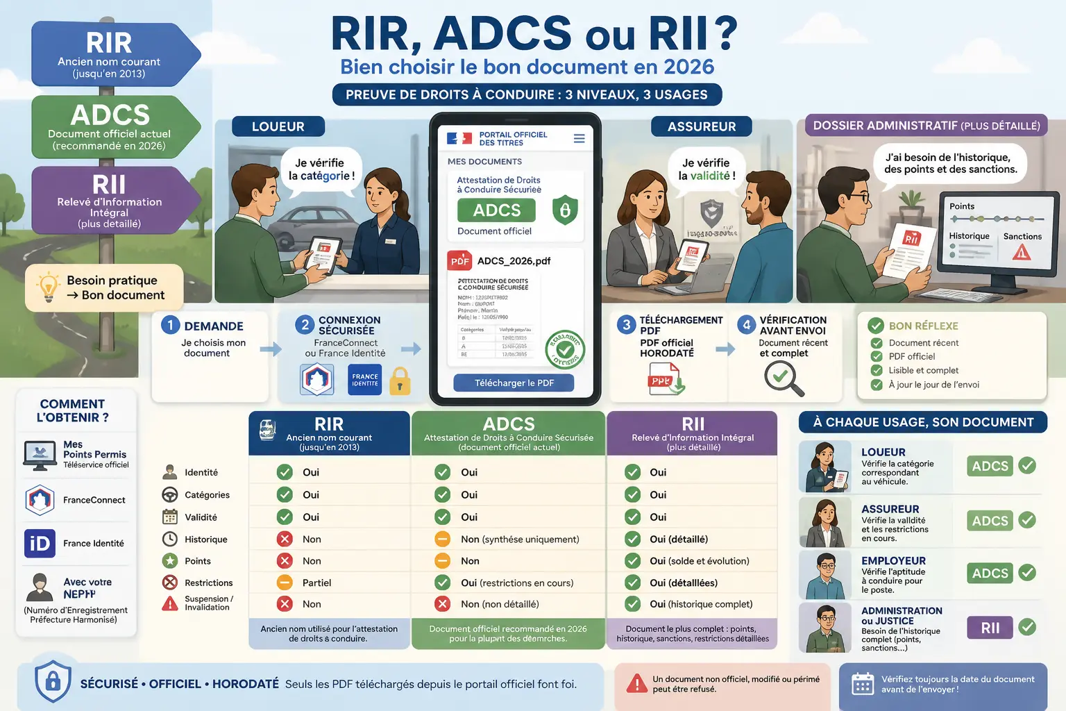 Infographie sur le relevé d'information restreint : ADCS, RIR et RII, avec PDF officiel, validité et historique.