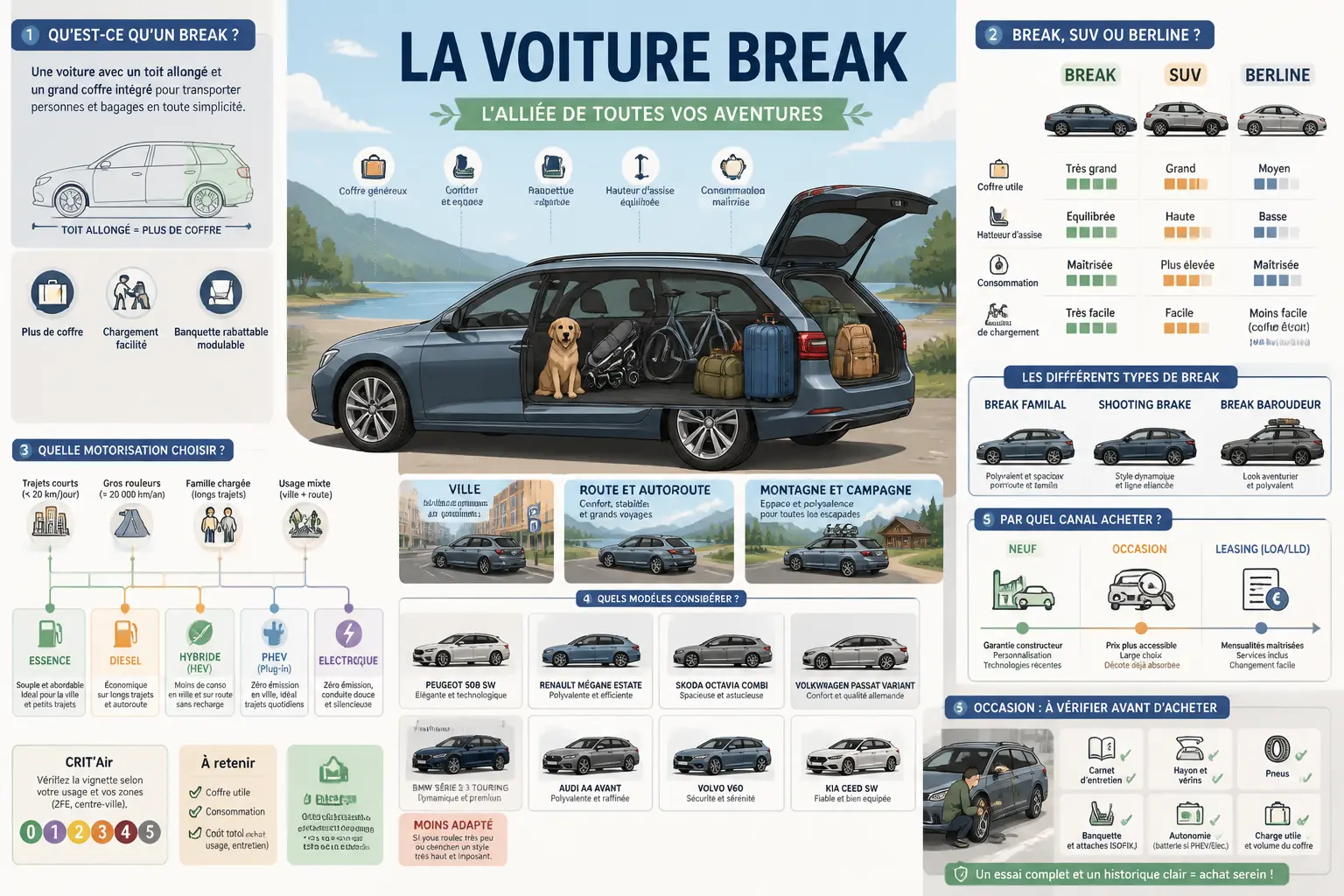 Infographie sur la voiture break : comparaison SUV, berline, motorisations et modèles à choisir