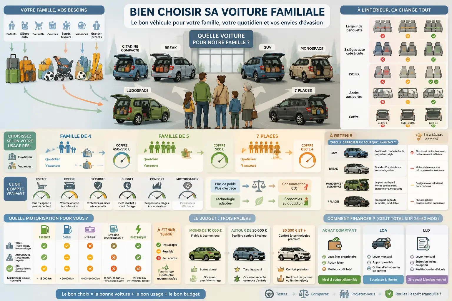 Infographie sur la voiture familiale : choix entre SUV, break, monospace, 7 places, coffre, sécurité et budget.