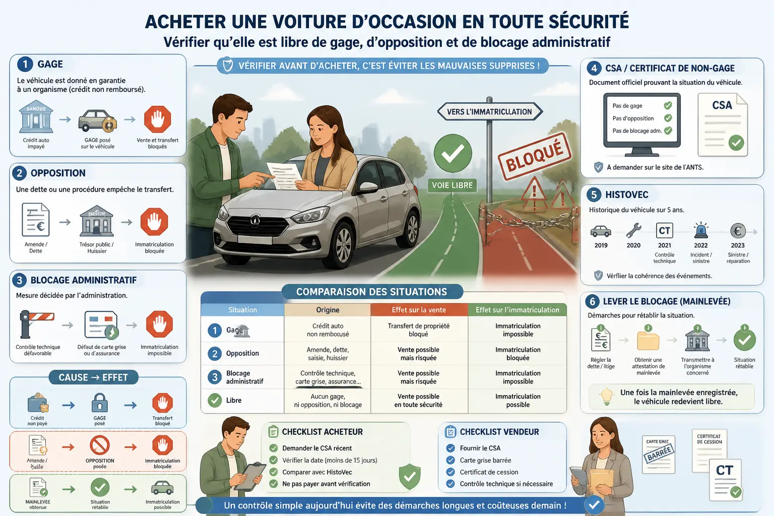 Infographie sur la voiture gagée : vérifier gage, opposition, blocage et lever l’obstacle avant achat