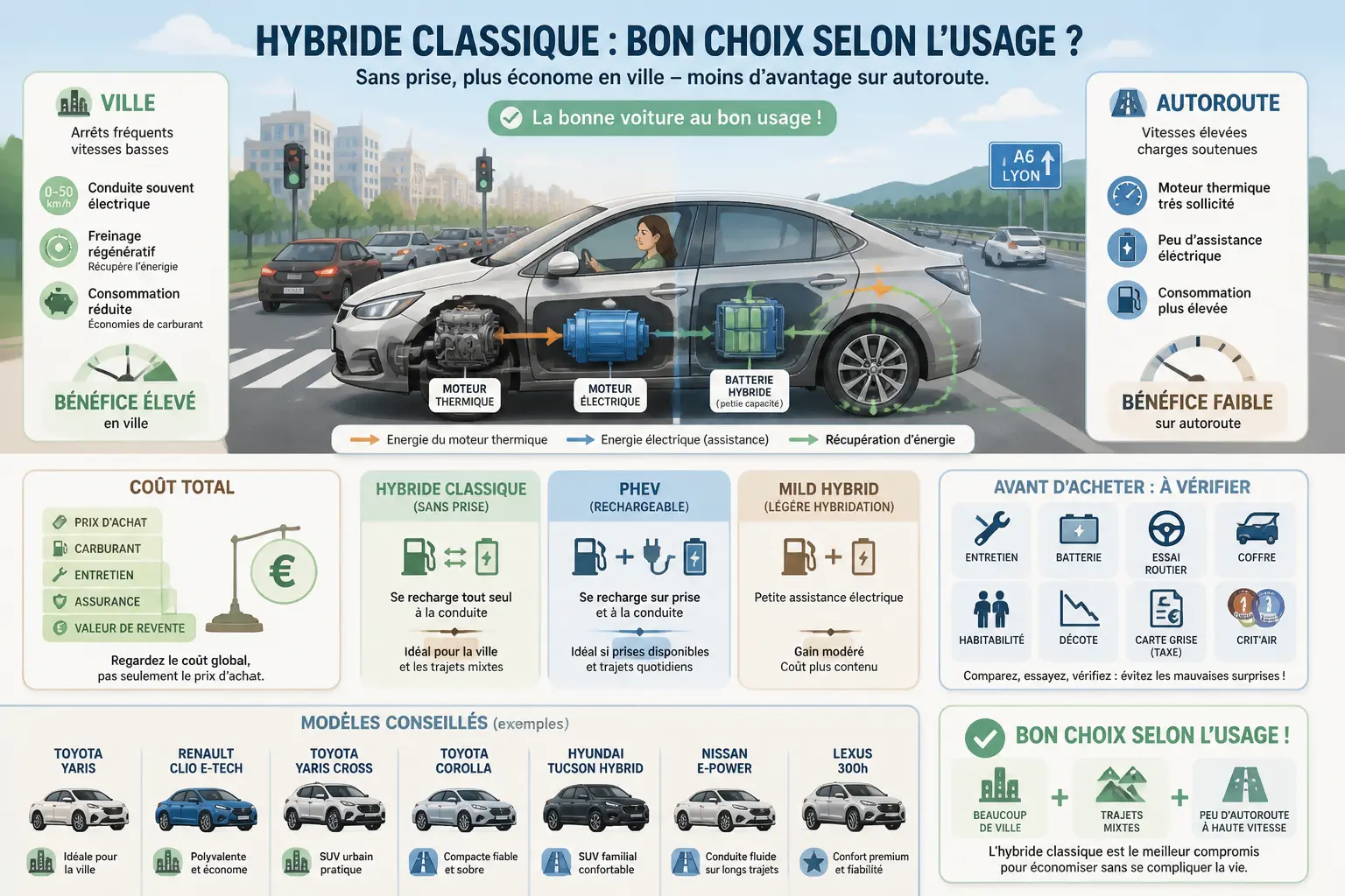 Infographie sur la voiture hybride non rechargeable : ville, autoroute, coût total, modèles conseillés et checklist d’achat.