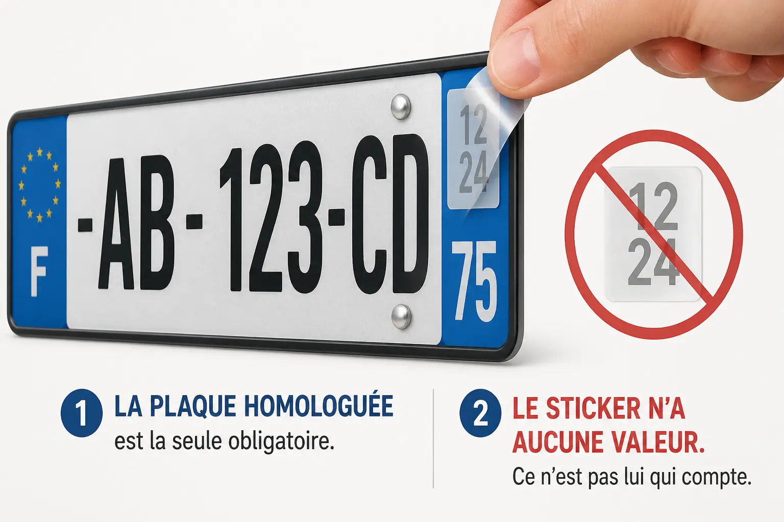 Autocollant plaque immatriculation : plaque française homologuée avec sticker retiré et symbole d’interdiction