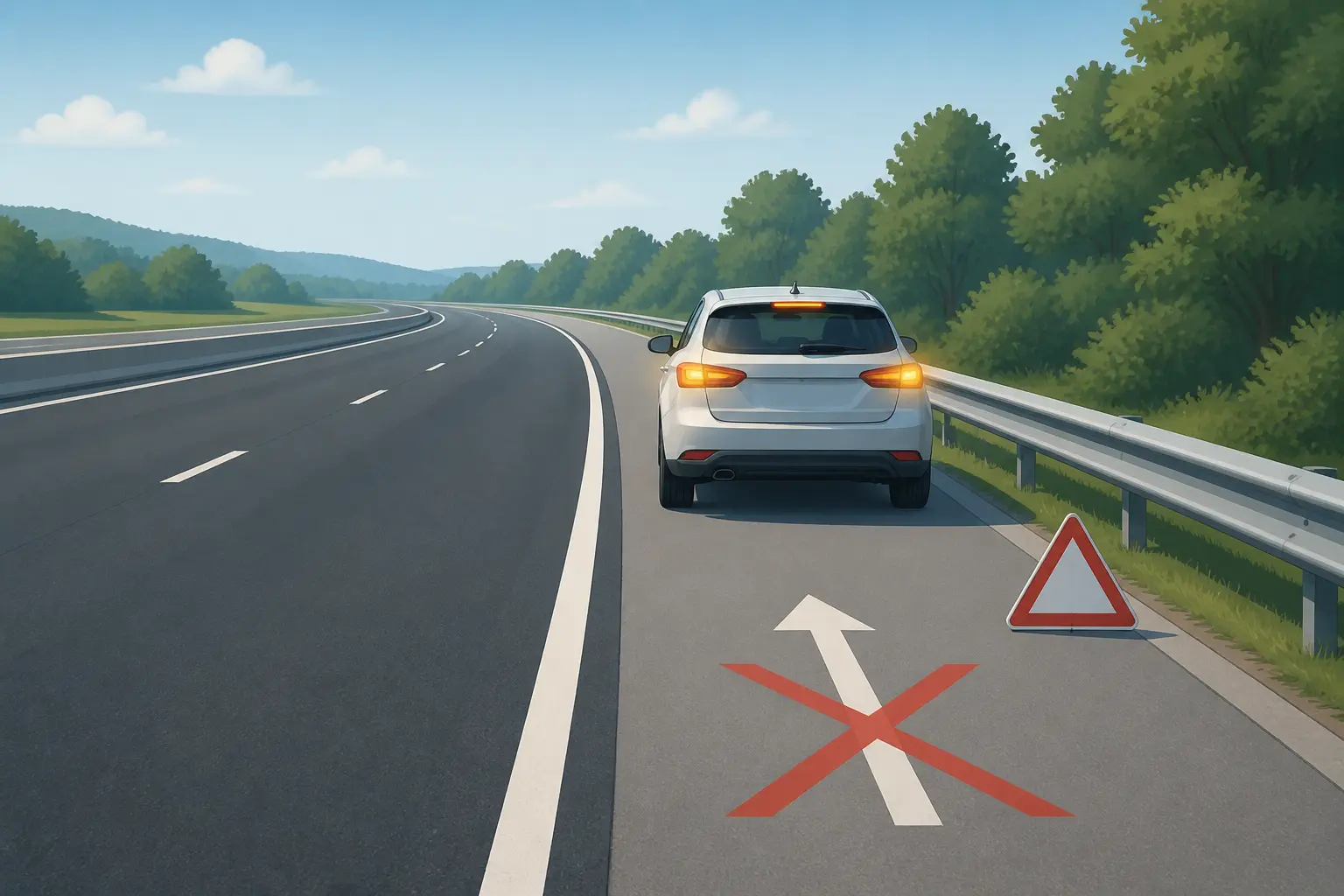 Bande d'arrêt d'urgence d'une autoroute française avec voiture arrêtée, ligne blanche et glissière de sécurité