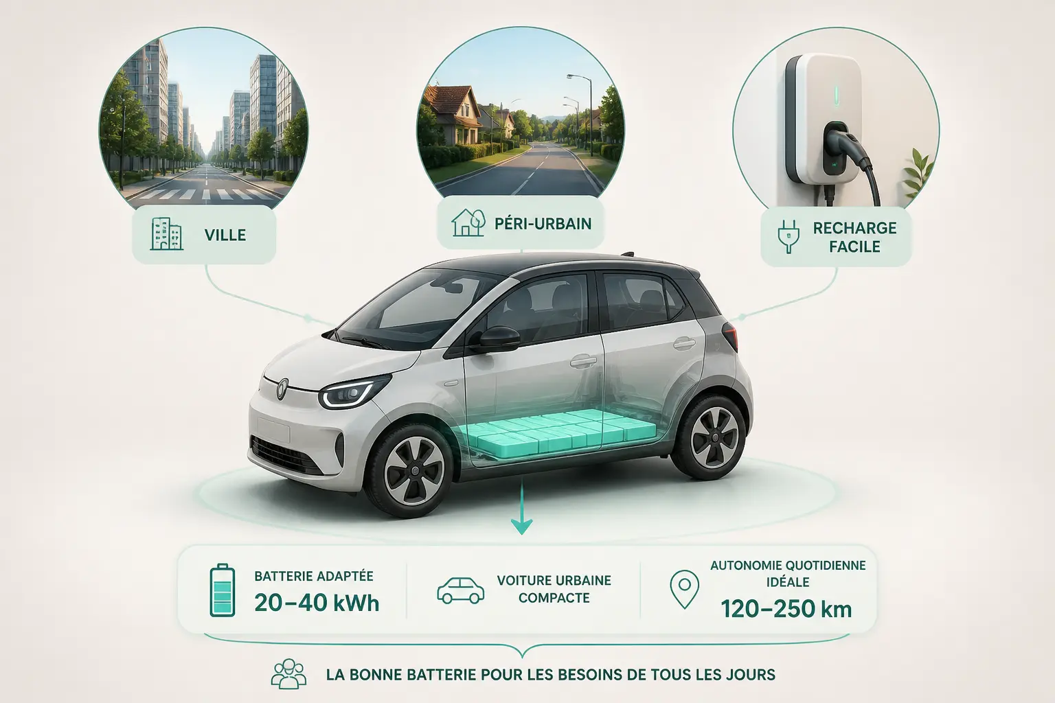 Batterie voiture electrique d’une citadine avec pack visible, icônes ville, banlieue et recharge.