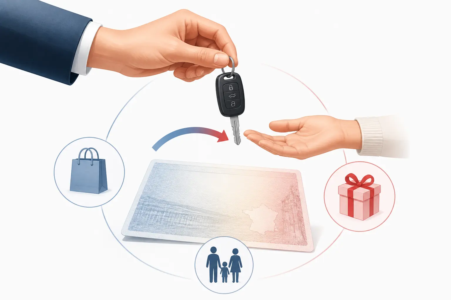 Changer de titulaire carte grise : clé remise au-dessus d’un document, avec achat, don et succession