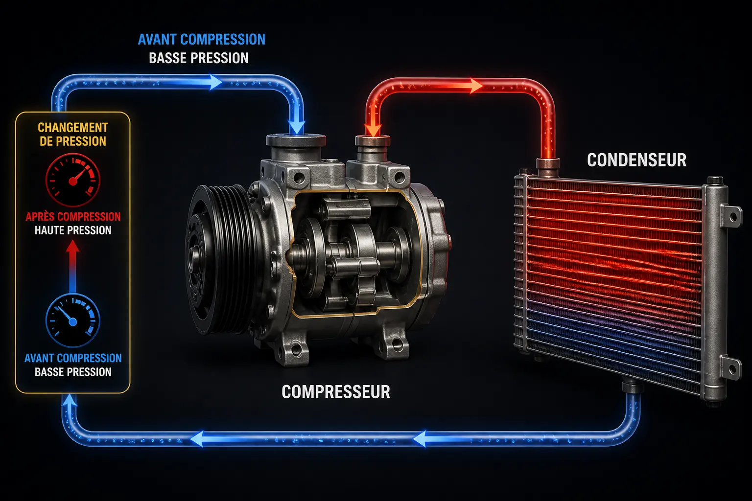 Schéma éducatif d’un compresseur de clim auto avec flux de fluide et variation de pression