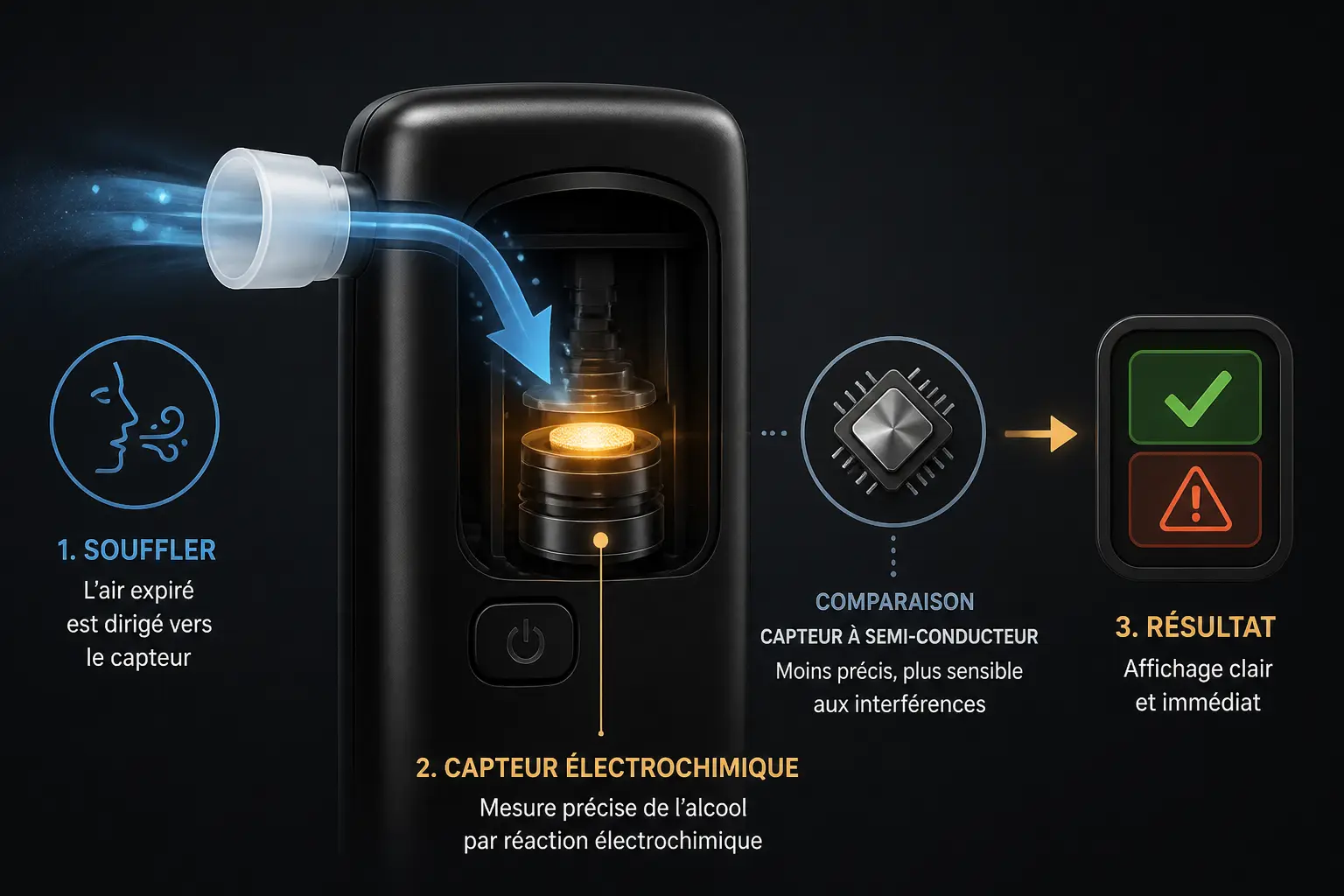 Éthylotest électronique en coupe, capteur électrochimique lumineux, flux d’air et résultat de mesure.