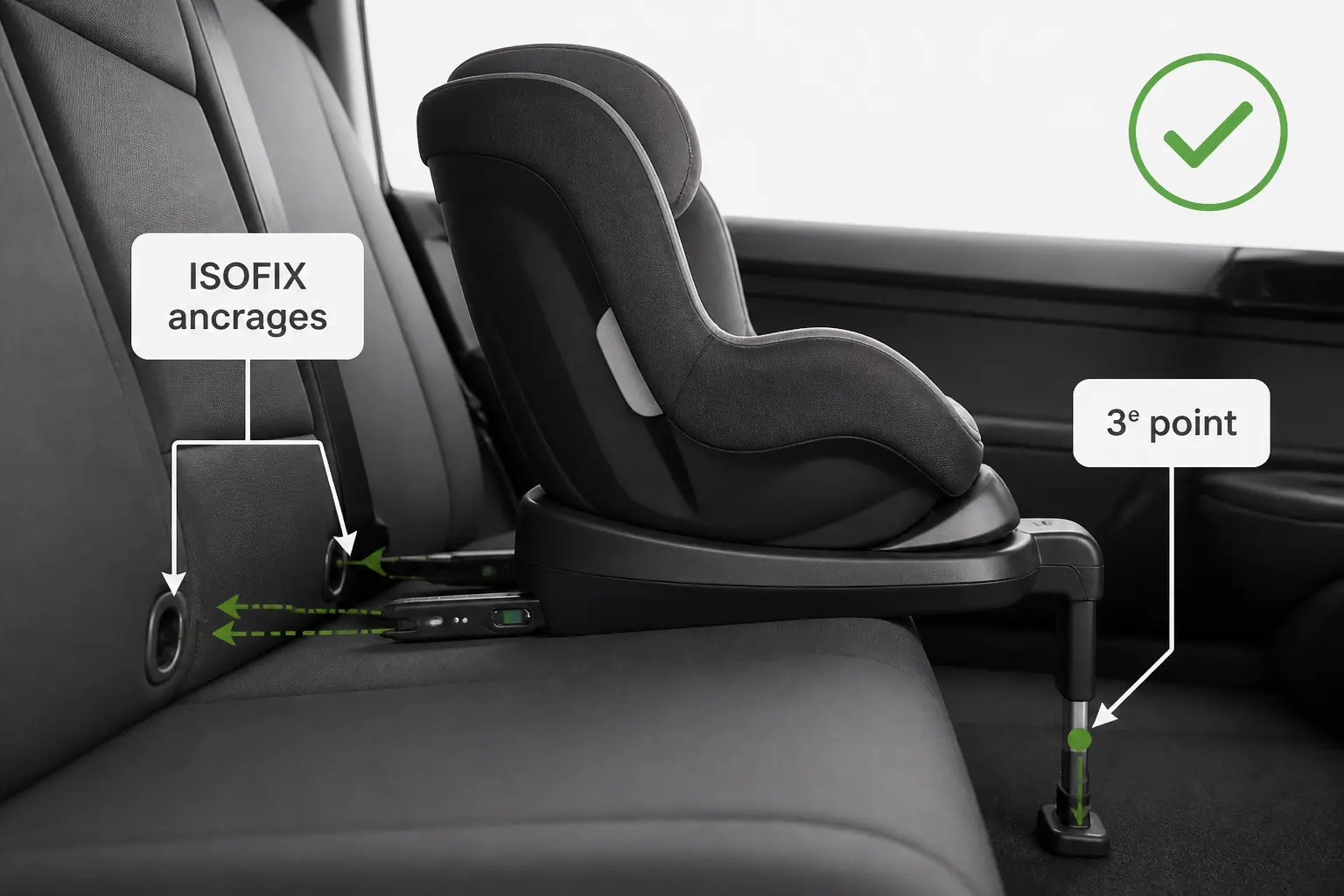 Schéma éducatif d’isofixes en voiture : base du siège, ancrages, 3e point et coche verte.