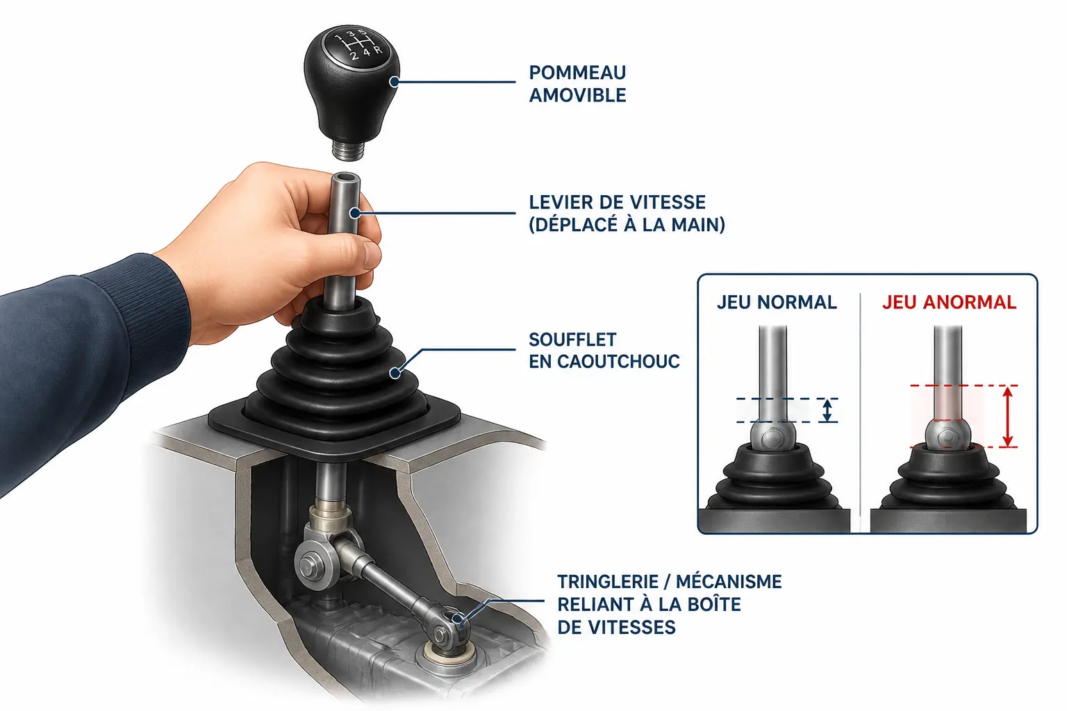 Schéma du levier de vitesse montrant levier, pommeau, soufflet et mécanisme avec jeu normal et excessif.