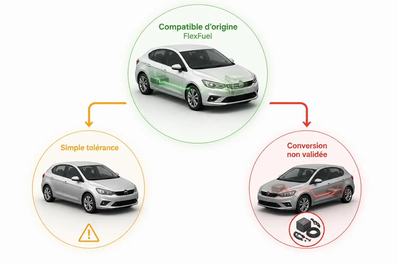 Liste voiture compatible e85 sans kit : schéma comparant modèle FlexFuel, essence tolérante et voiture modifiée.