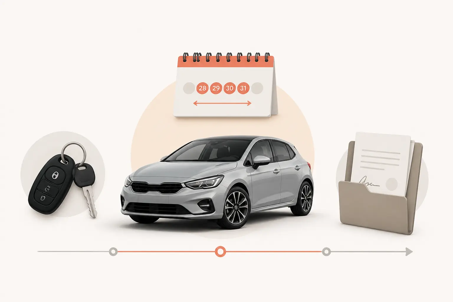 Location de voiture au mois illustrée entre location courte durée et leasing, avec voiture, calendrier et contrat.