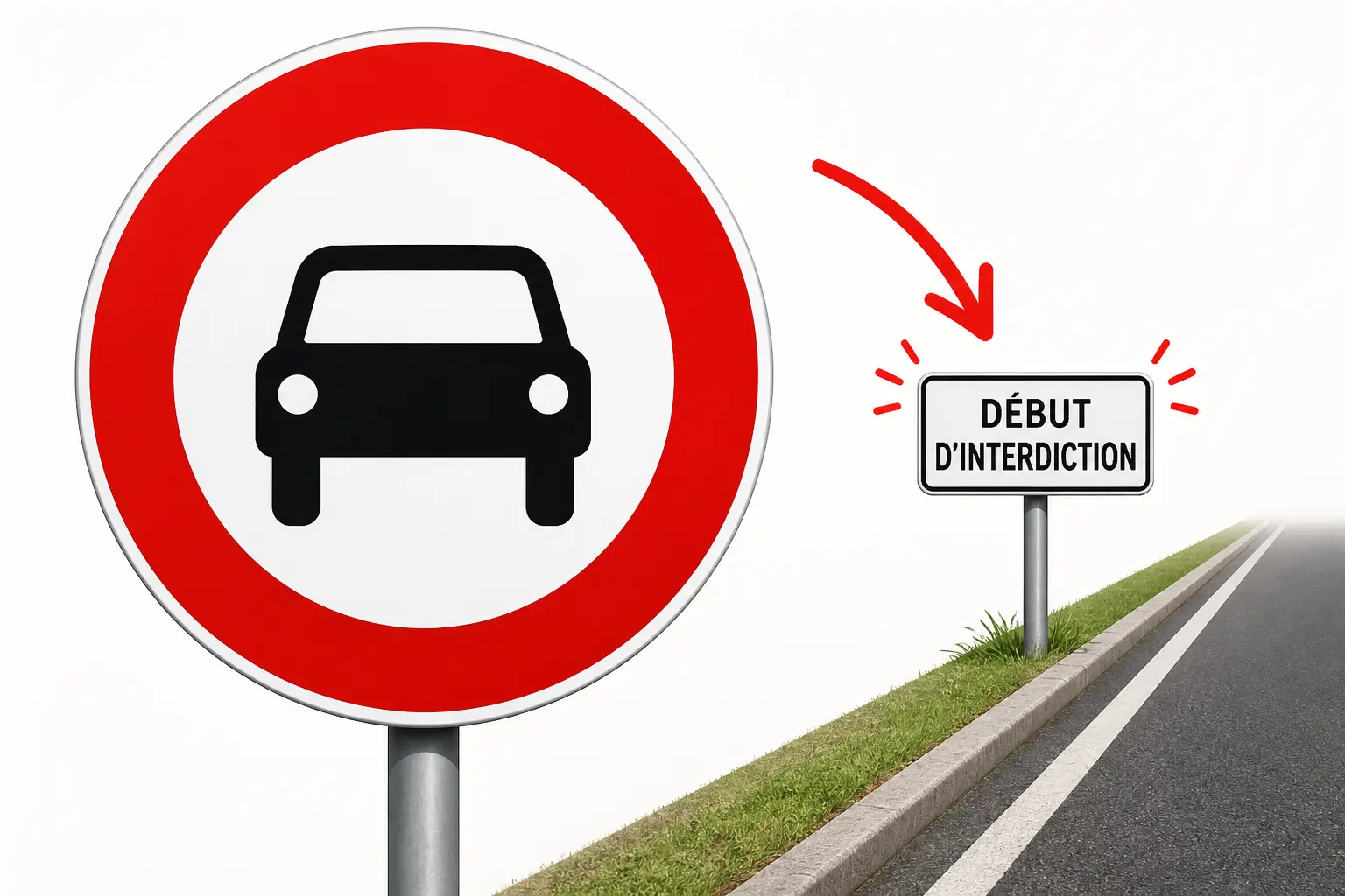 Panneau interdiction rond à bord rouge et symbole noir, avec repère de début au bord de route.