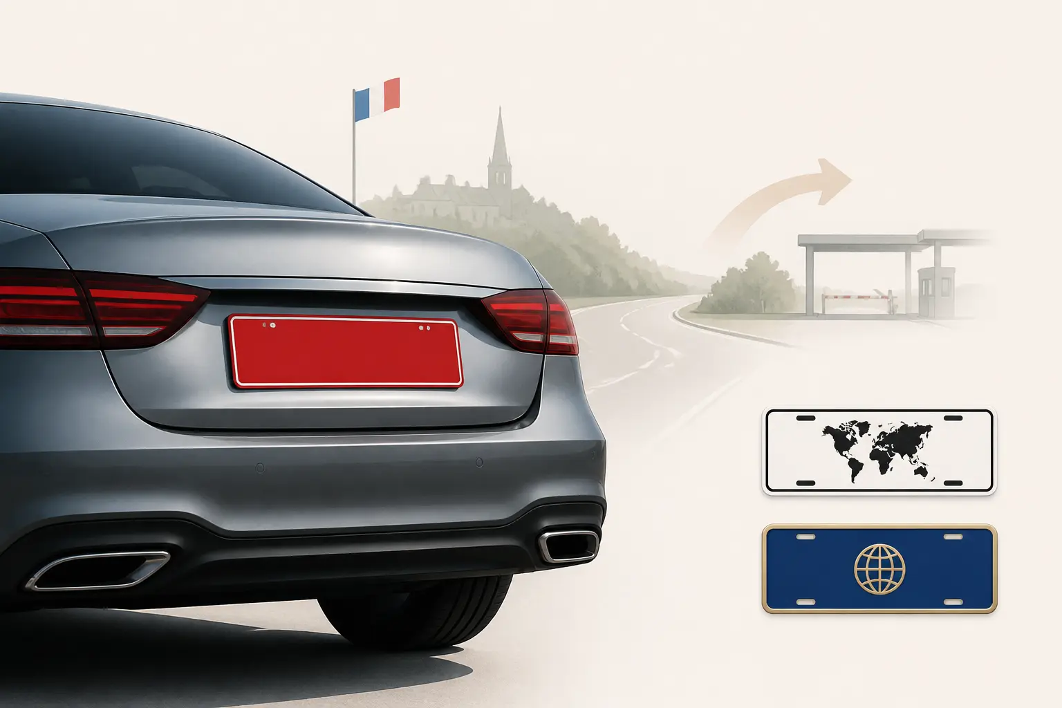 Plaque rouge voiture sur une voiture élégante, avec repères WW et diplomatique en arrière-plan