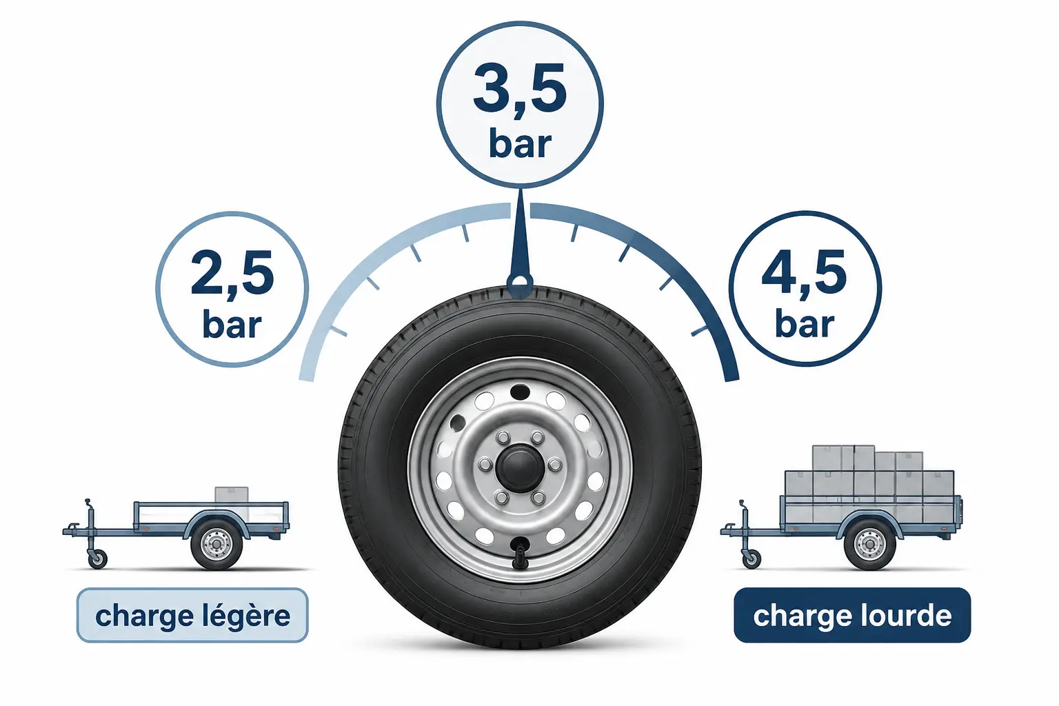 Infographie sur la pression pneu remorque avec repères 2,5 bar, 3,5 bar et 4,5 bar selon la charge.