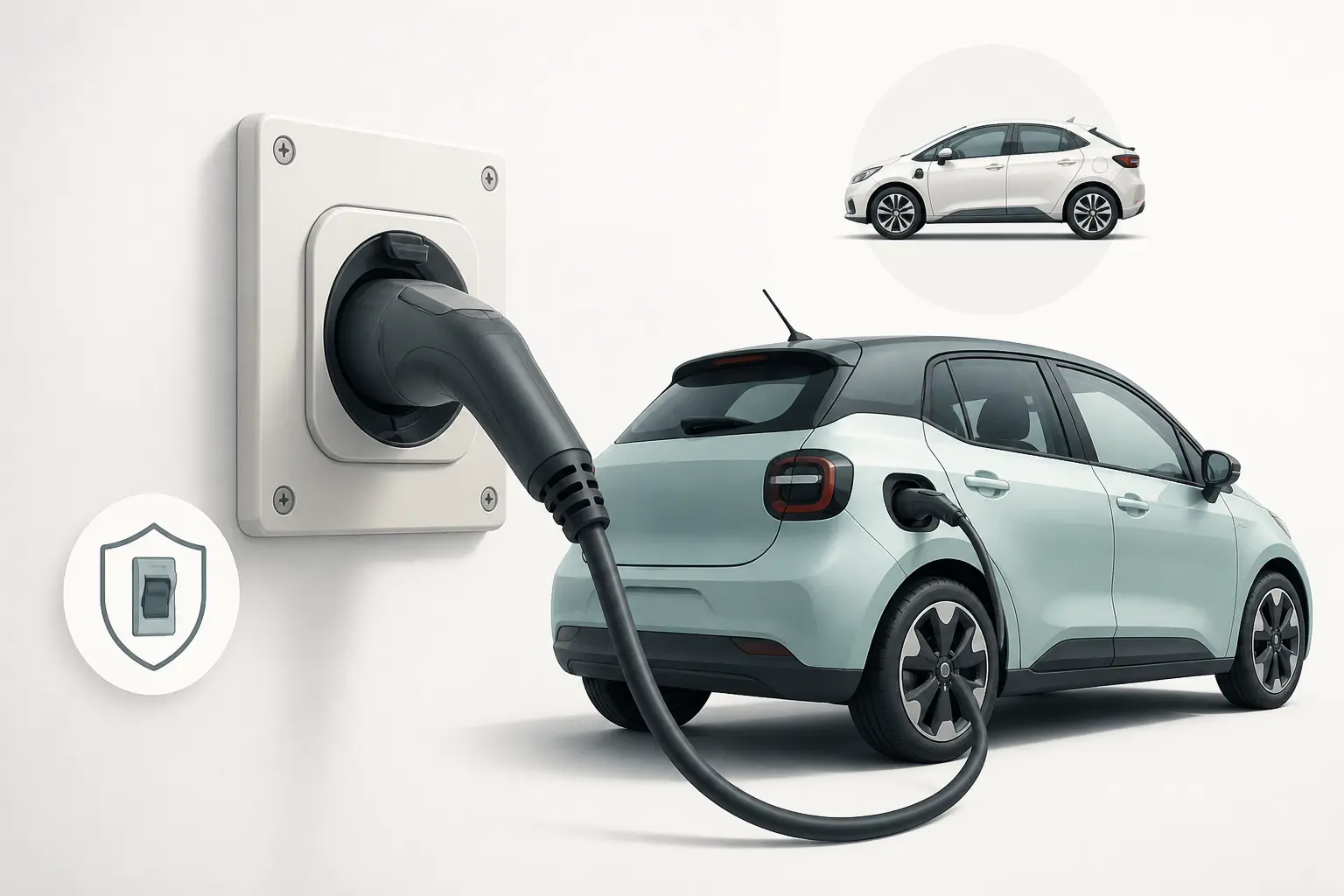 Prise renforcée voiture électrique avec câble branché, petite voiture électrique et symbole de sécurité