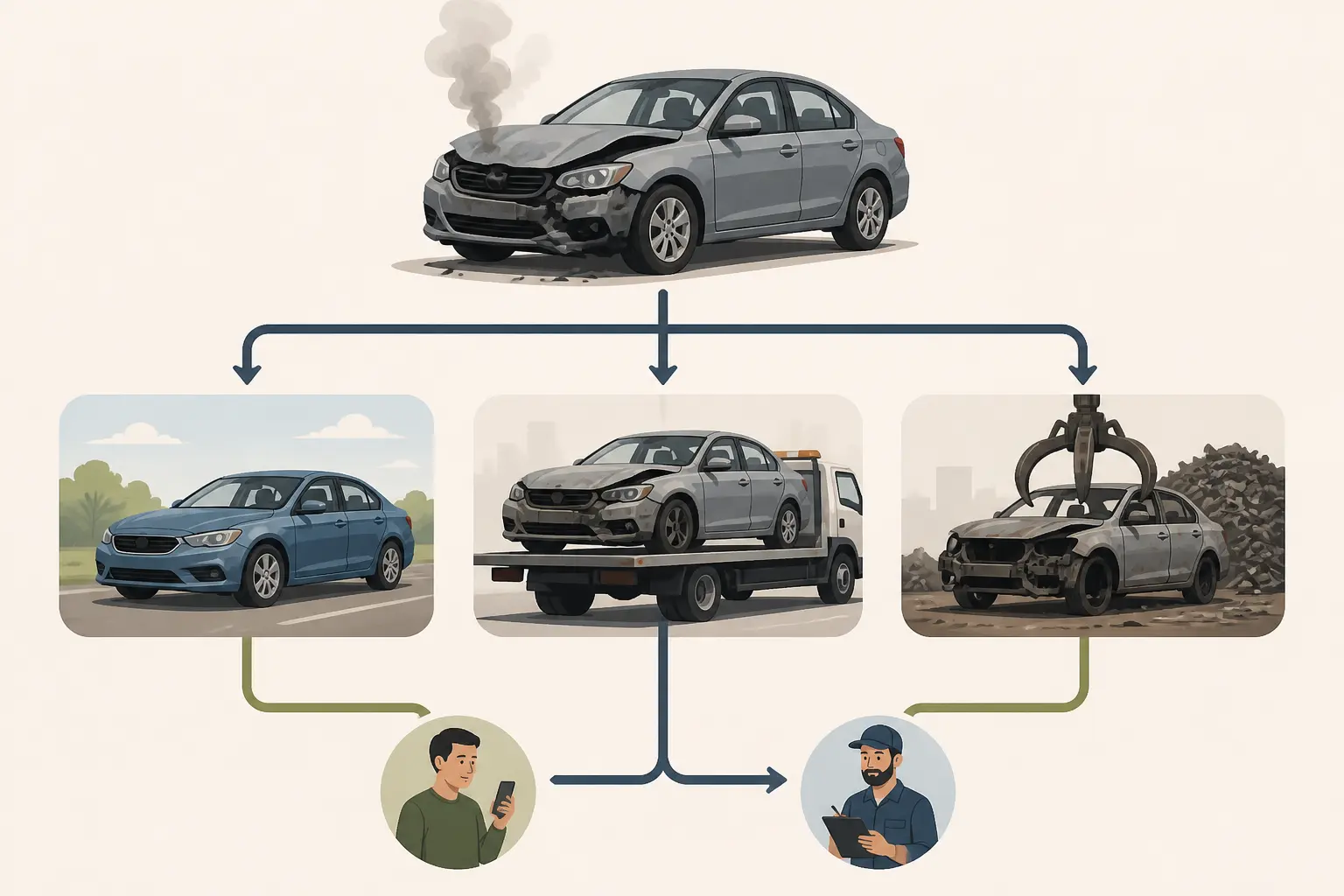 Schéma illustré du rachat voiture en panne avec trois issues : roule encore, ne roule plus, casse auto.