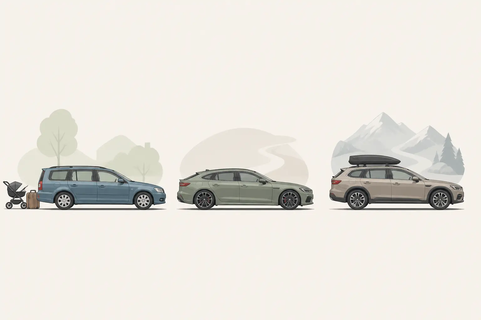 Comparaison de trois voiture break : familiale, shooting brake sportif et version aventure.