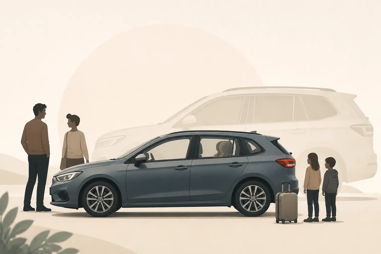 Voiture familiale compacte avec deux adultes, deux enfants, un siège enfant et une valise.