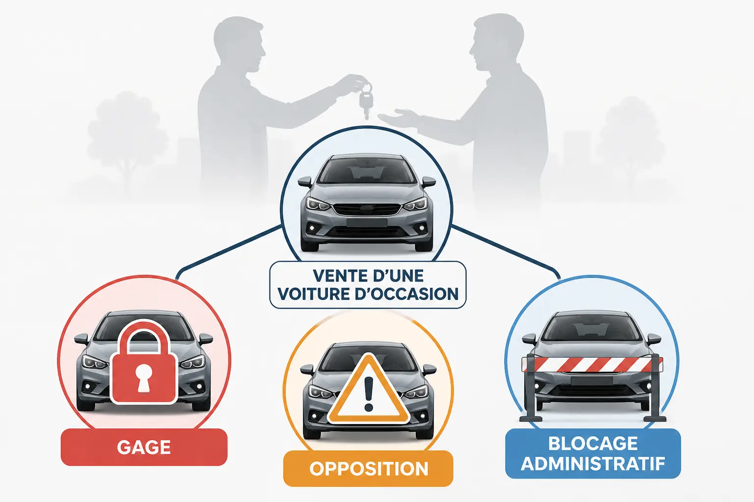 Schéma éducatif d’une voiture gagée avec cadenas, triangle d’opposition et blocage administratif