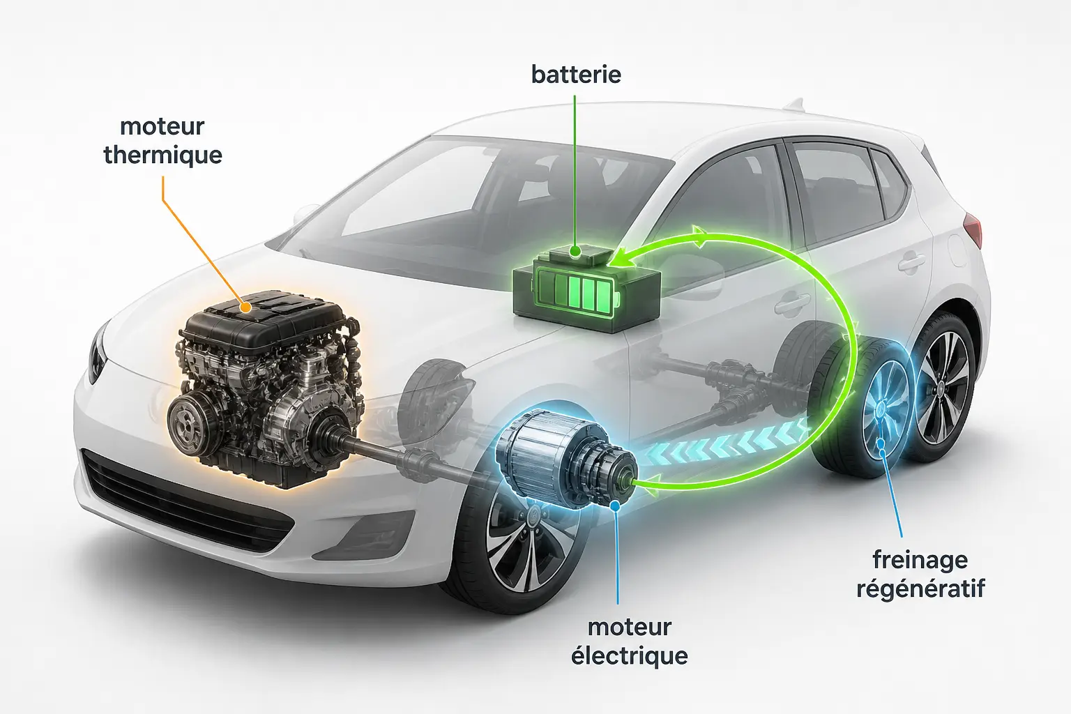 Voiture hybride non rechargeable en coupe simplifiée : moteur thermique, batterie, moteur électrique et freinage régénératif.