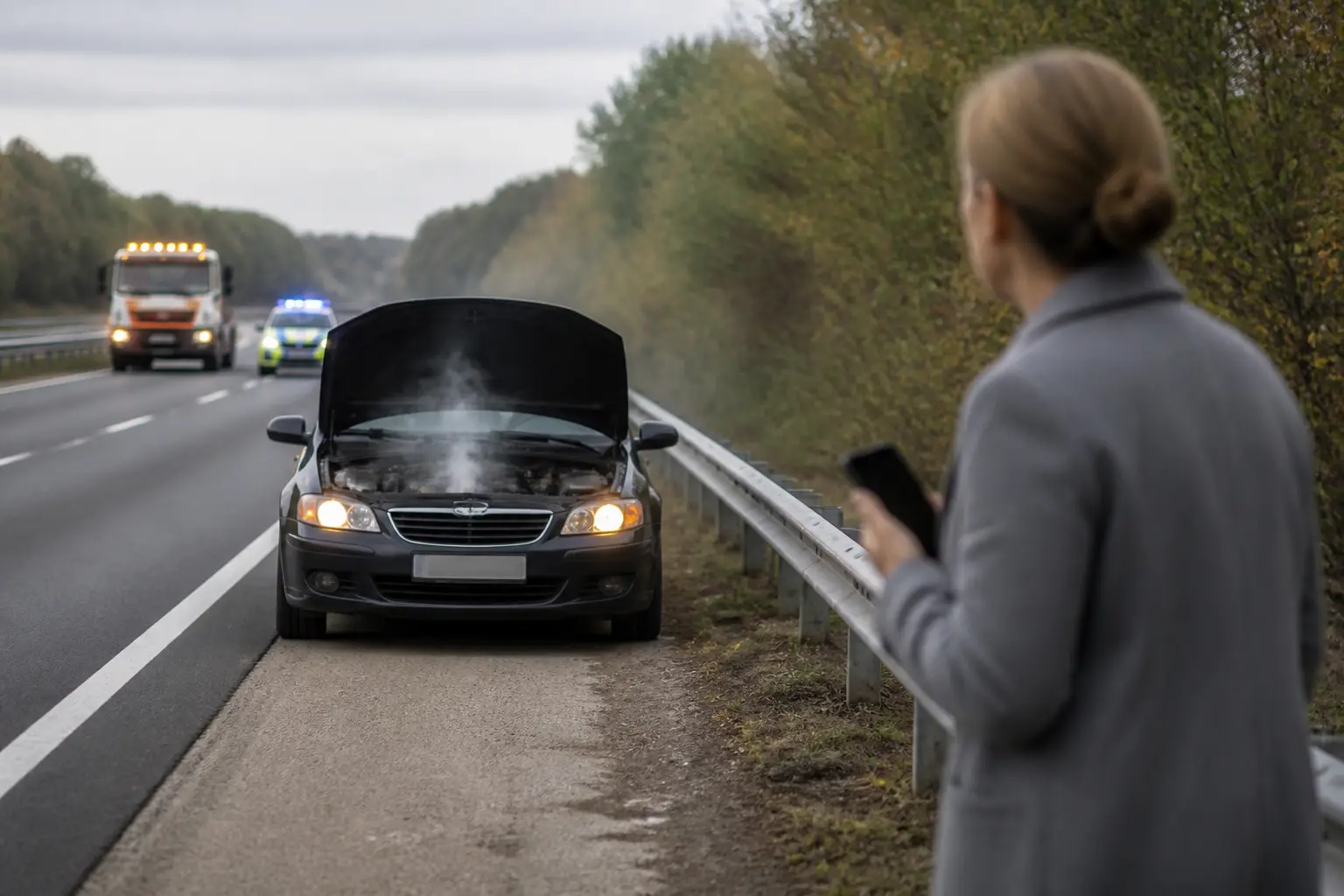Voiture arrêtée sur la bande d'arrêt d'urgence, moteur fumant, conducteur en sécurité derrière la glissière.