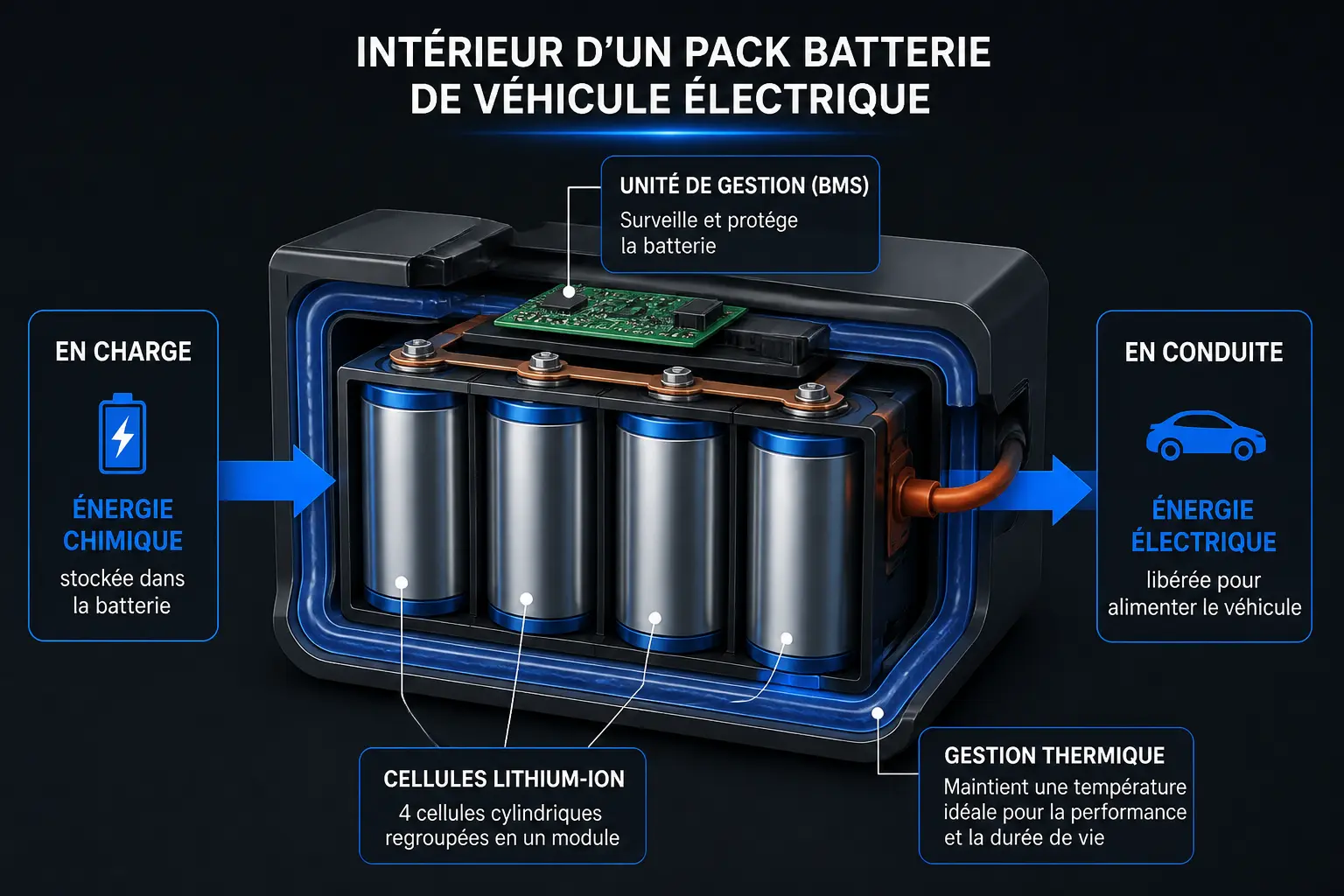 Schéma de batterie voiture electrique montrant 4 cellules, BMS et gestion thermique, énergie stockée puis restituée