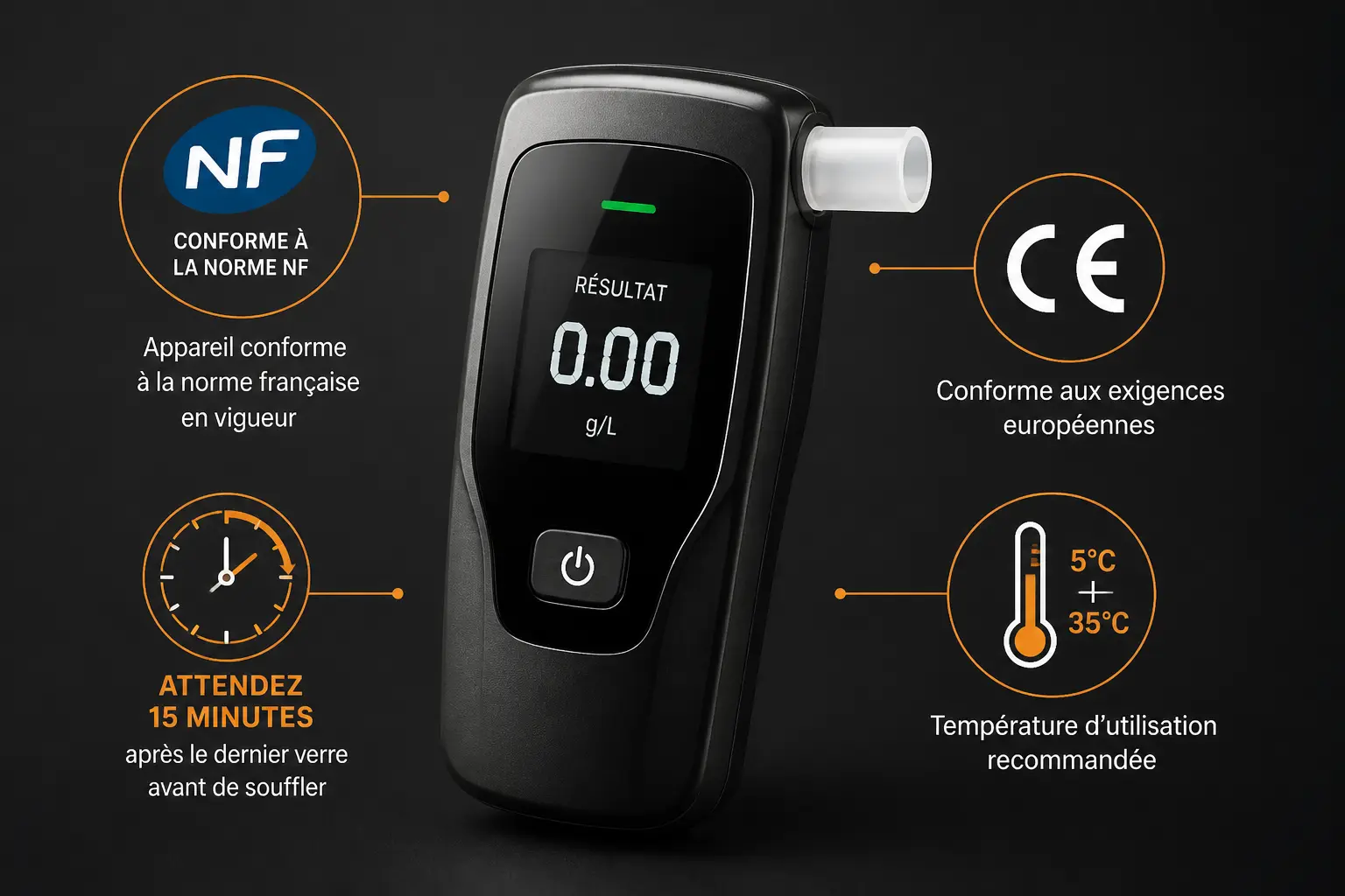 Ethylotest electronique premium avec badges NF et CE, thermomètre et horloge sur fond sombre