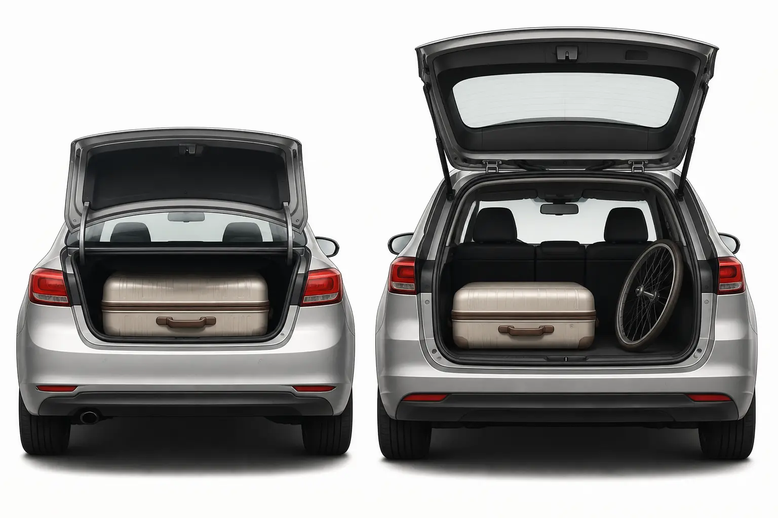 Comparaison d’un hayon voiture et d’un coffre classique : valise difficile à charger d’un côté, facile de l’autre.